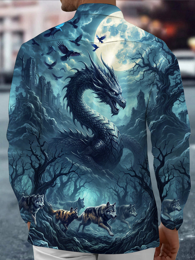 Adaychic Men's Dragon And Wolves In A Moonlit Forest Print Long Sleeve Shirt with Chest Pocket