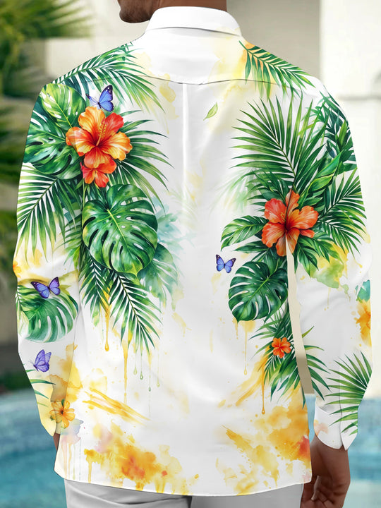 Adaychic Men's Long Sleeve Shirt - Tropical Hibiscus Flowers And Palm Leaves Print with Chest Pocket