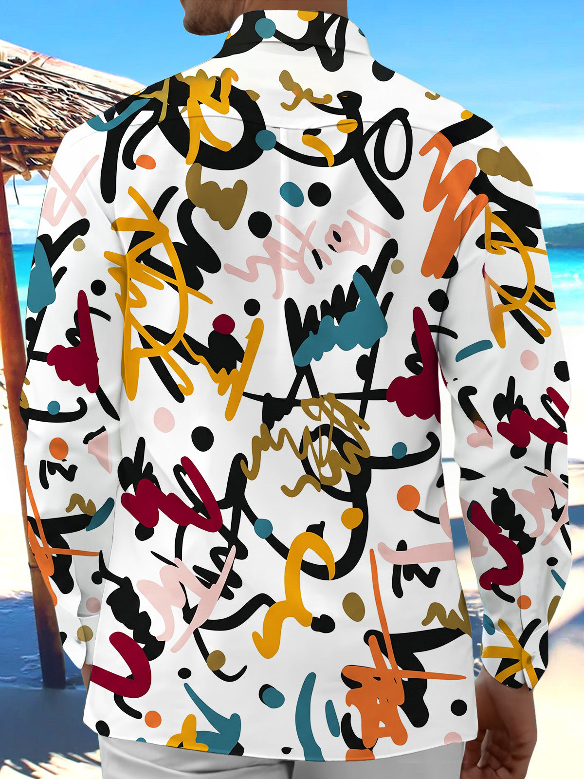 Adaychic Men's Printed Abstract Scribble Pattern Long Sleeve Shirt with Chest Pocket