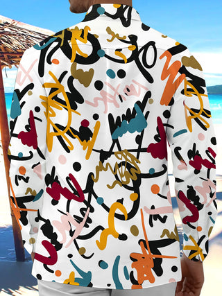 Adaychic Men's Printed Abstract Scribble Pattern Long Sleeve Shirt with Chest Pocket
