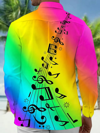 Adaychic Men's Long Sleeve Shirt - Rainbow Gradient With Musical Notes And Staff Print with Chest Pocket