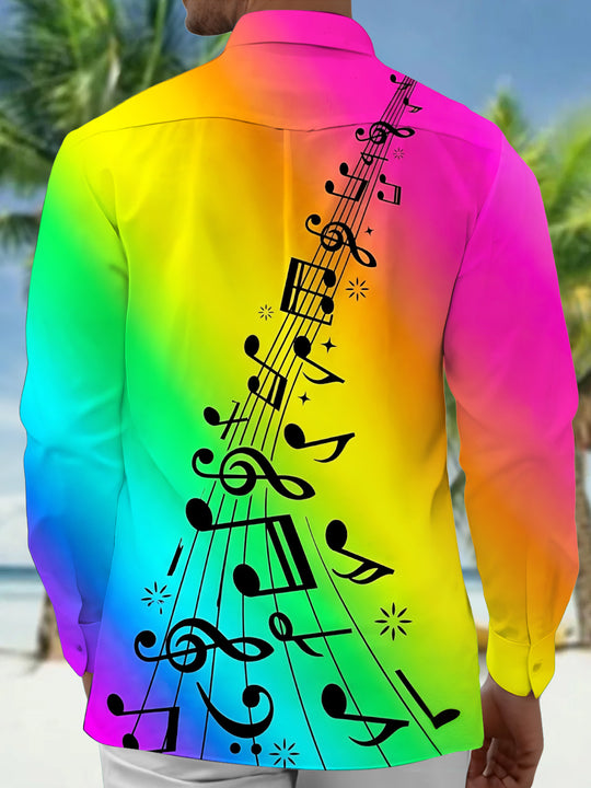 Adaychic Men's Long Sleeve Shirt - Rainbow Gradient With Musical Notes And Staff Print with Chest Pocket