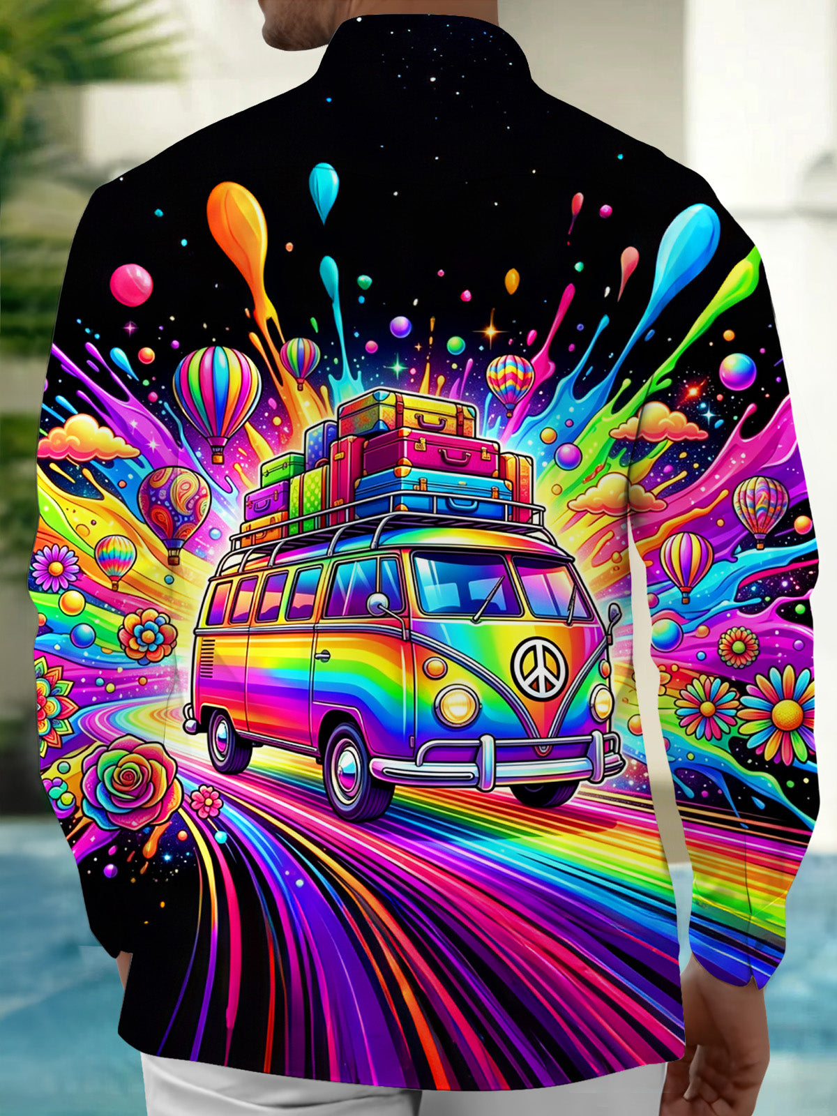 Adaychic Colorful Hippie Bus Long Sleeve Shirt with Chest Pocket
