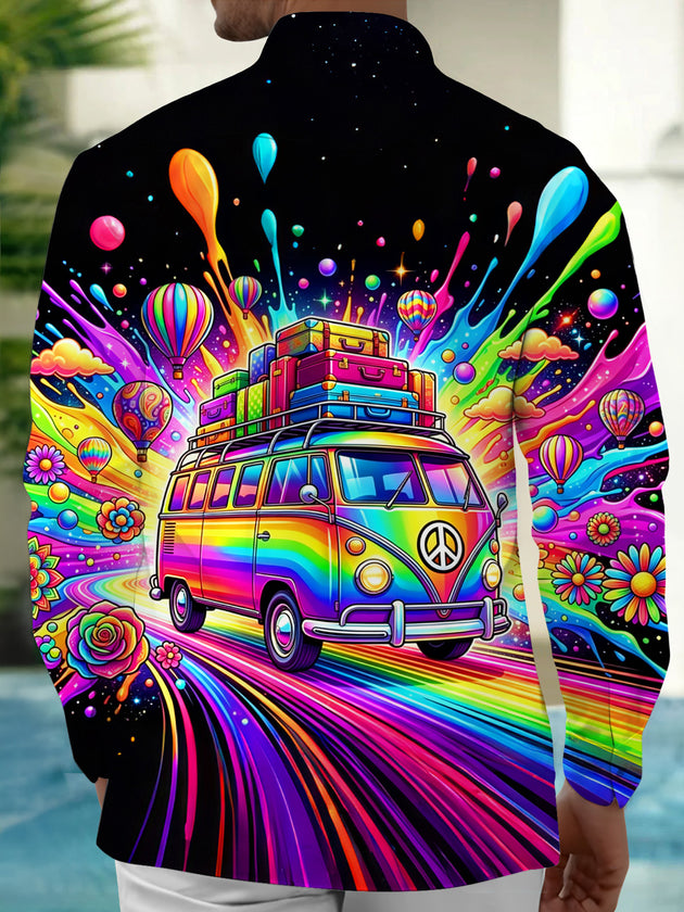 Adaychic Colorful Hippie Bus Long Sleeve Shirt with Chest Pocket