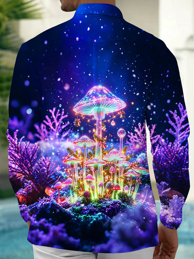 Adaychic Men's Long Sleeve Shirt - Christmas Neon Glowing Mushrooms And Winter Forest Print with Chest Pocket