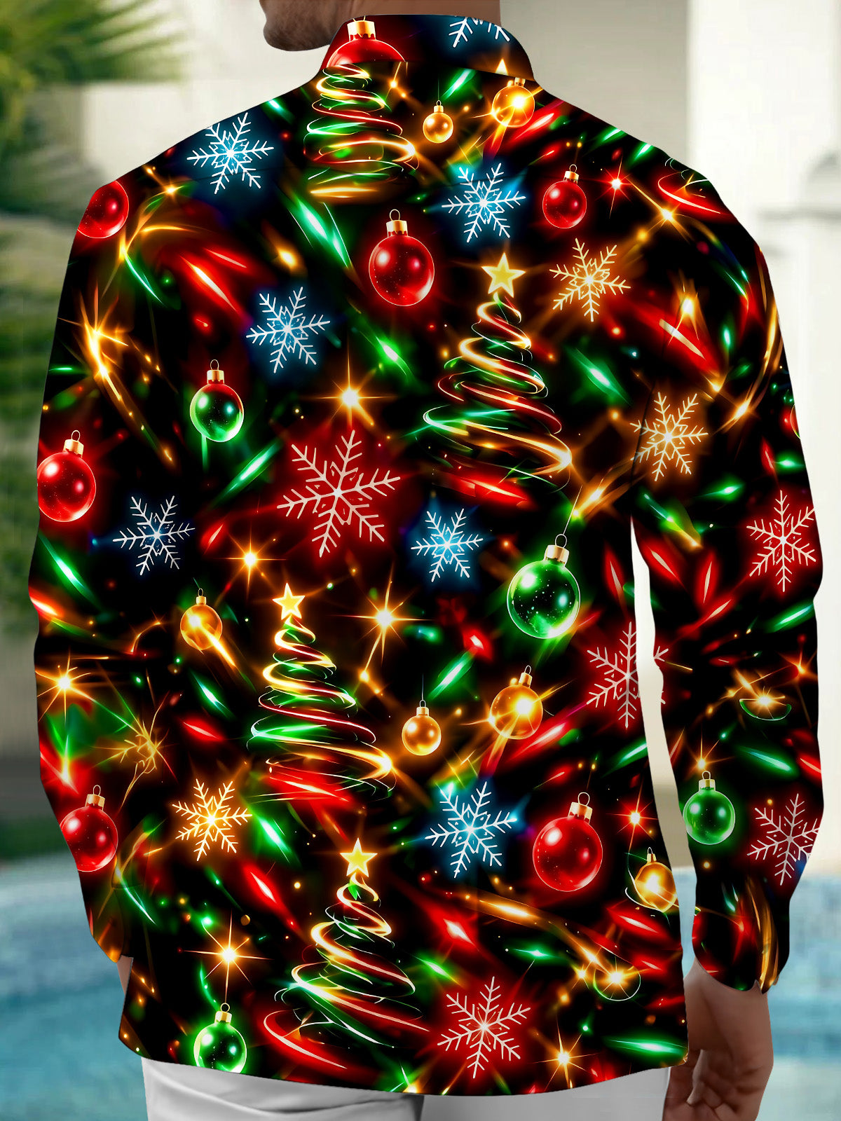 Adaychic Men's Printed Christmas Trees And Ornaments Print Long Sleeve Shirt with Chest Pocket