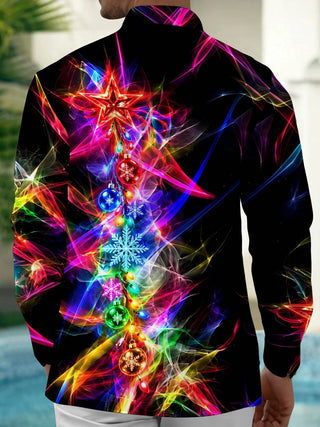 Adaychic Men's Christmas Ornaments And Snowflakes Print Long Sleeve Shirt with Chest Pocket
