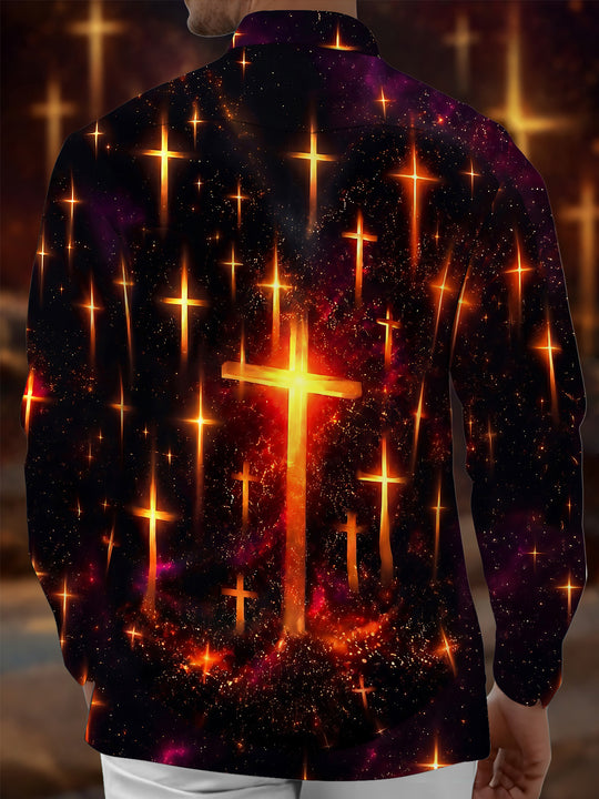 Adaychic Men's Long Sleeve Shirt - Glowing Golden Crosses On Cosmic Background Print with Chest Pocket