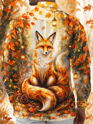 Adaychic Men's Autumn Fox With Lanterns And Leaves Print Long Sleeve Shirt with Chest Pocket