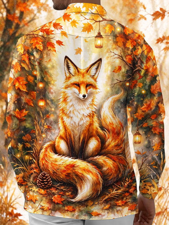Adaychic Men's Autumn Fox With Lanterns And Leaves Print Long Sleeve Shirt with Chest Pocket