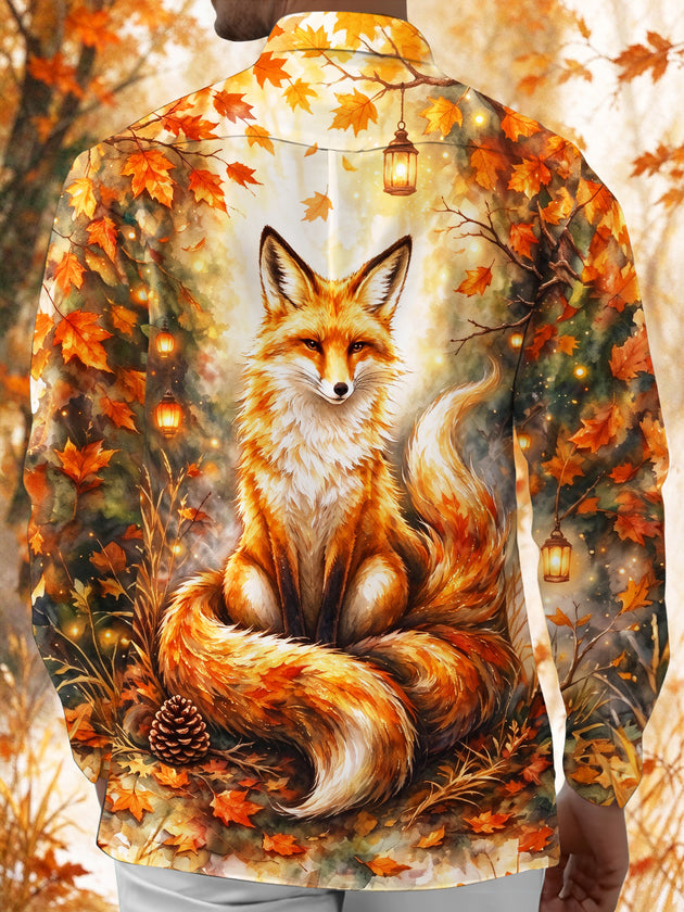 Adaychic Men's Autumn Fox With Lanterns And Leaves Print Long Sleeve Shirt with Chest Pocket