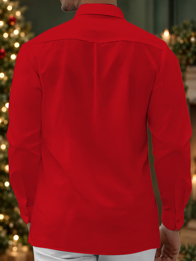Adaychic Men's Long Sleeve Shirt - Christmas Pine Branches And Berries With Gold Scrollwork Print with Chest Pocket