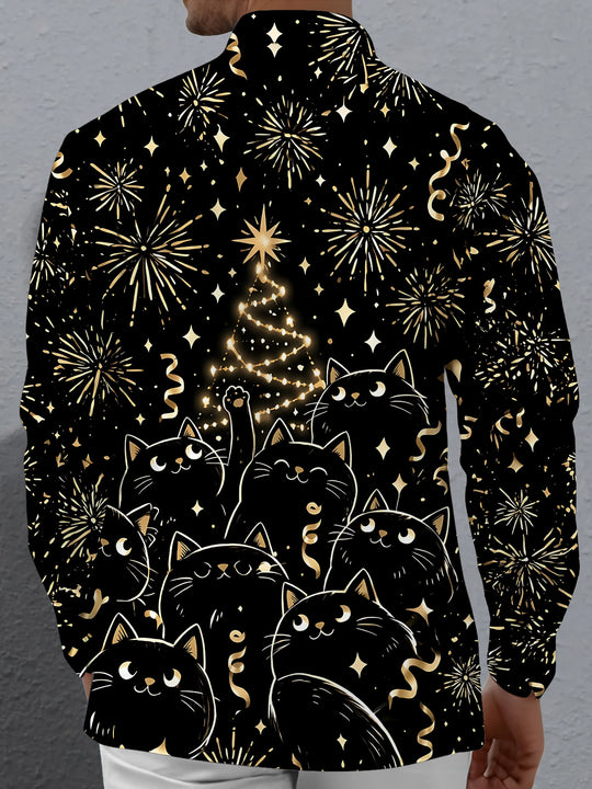 Adaychic Men's Long Sleeve Shirt - Black Cats And Christmas Tree With Fireworks Print with Chest Pocket