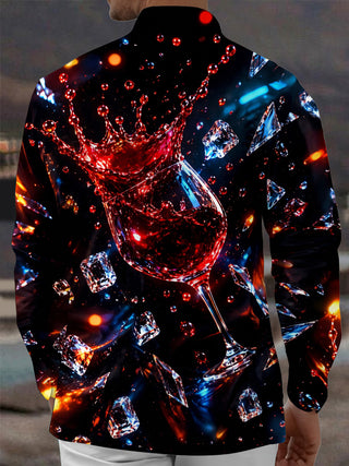 Adaychic Men's Red Wine Glass Splash With Ice Cubes Print Long Sleeve Shirt with Chest Pocket