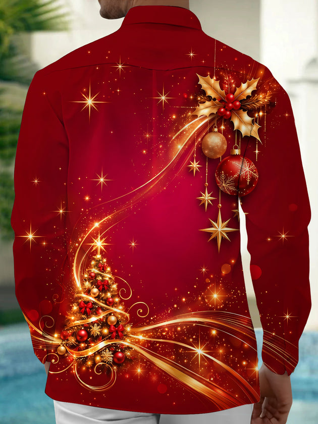 Adaychic Men's Printed Christmas Tree And Ornaments Print Long Sleeve Shirt with Chest Pocket