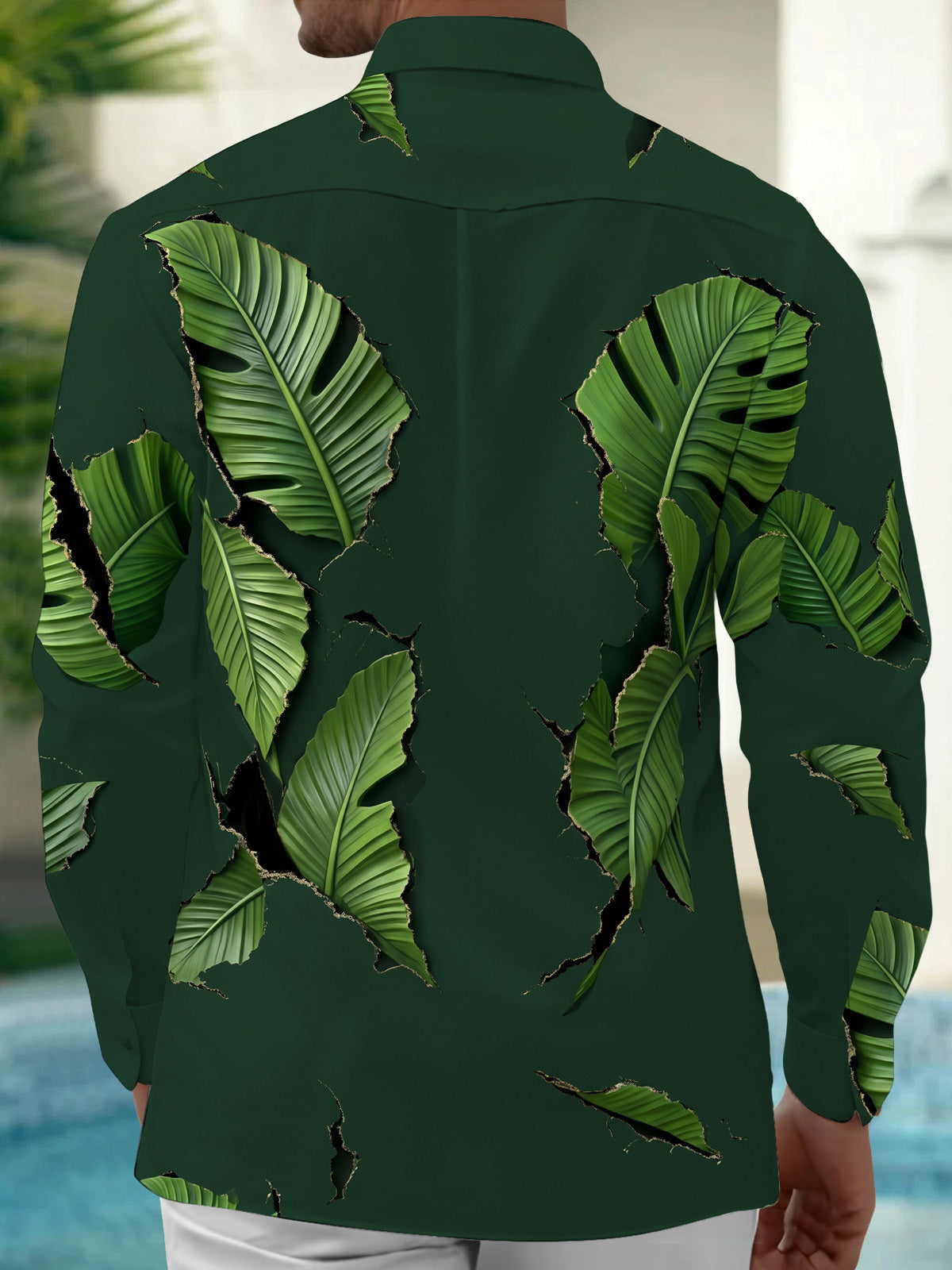 Adaychic Men's Tropical Tropical Palm Leaves Print Long Sleeve Shirt with Chest Pocket