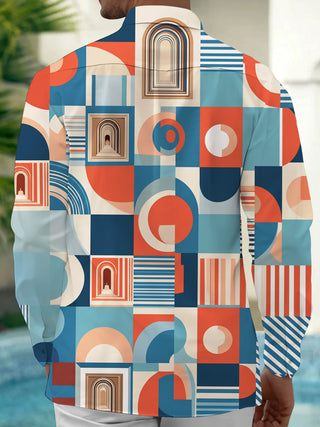 Adaychic Men's Patterned Geometric Shapes And Archways Print Long Sleeve Shirt with Chest Pocket