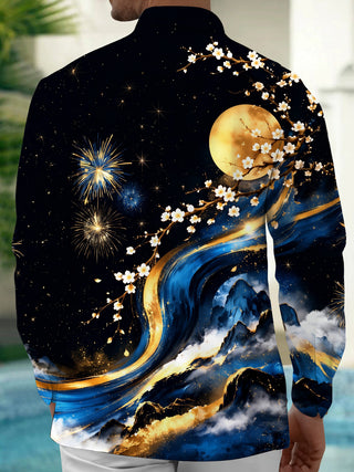Adaychic Men's Printed Cherry Blossoms And Full Moon Print Long Sleeve Shirt with Chest Pocket