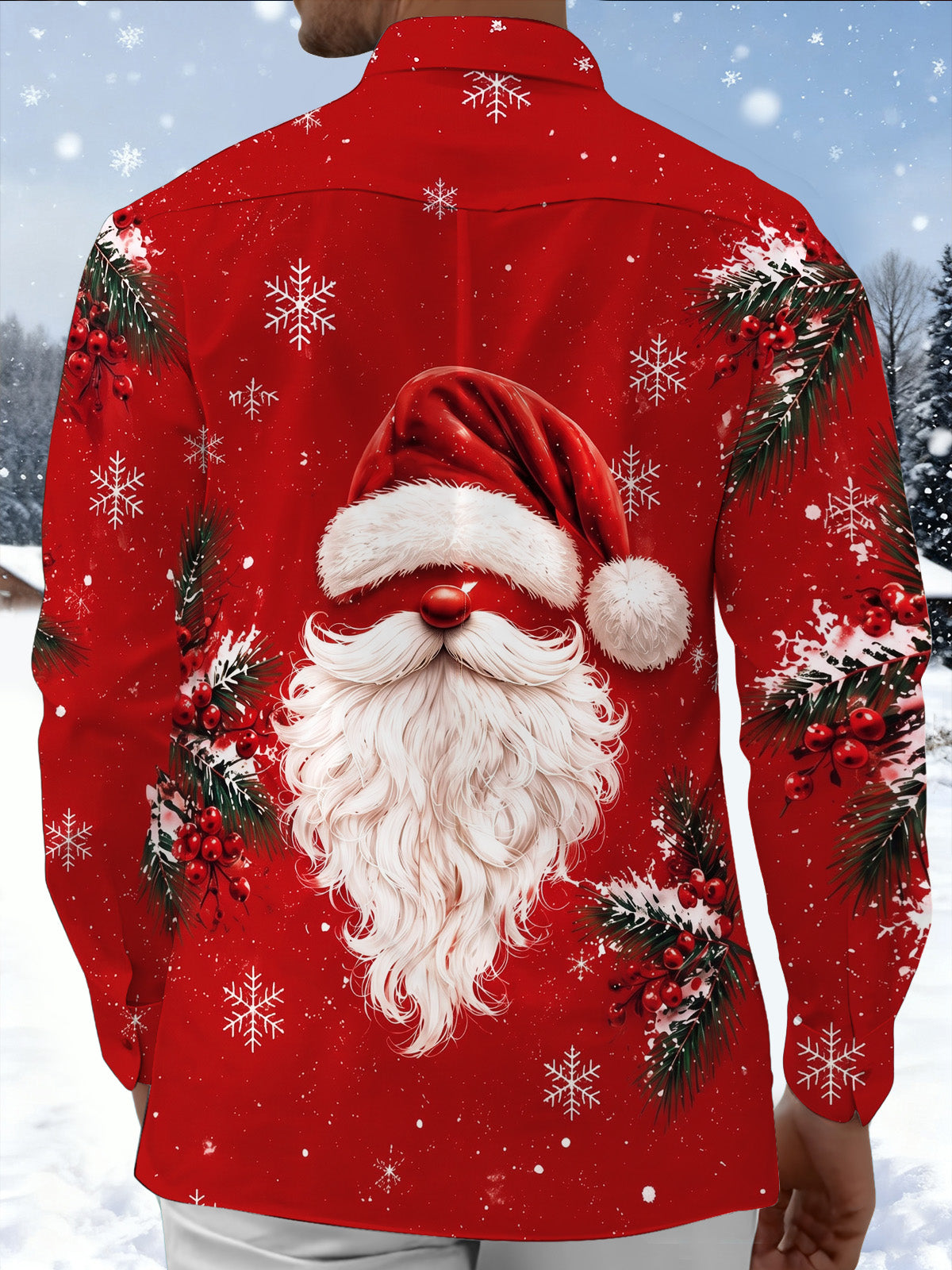 Adaychic Men's Printed Christmas Beard And Hat Print Long Sleeve Shirt with Chest Pocket