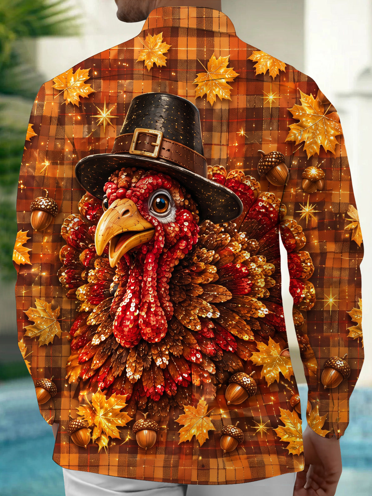 Adaychic Men's Thanksgiving Turkey With Pilgrim Hat Print Long Sleeve Shirt with Chest Pocket