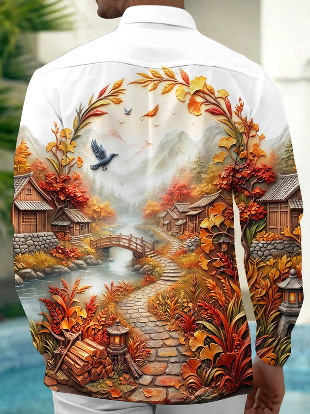 Adaychic Men's Long Sleeve Shirt - Ancient Village Autumn Landscape With Birds And Bridge Print with Chest Pocket