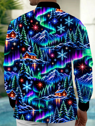 Adaychic Men's Long Sleeve Shirt - Aurora Borealis And Snowy Mountain Landscape Print with Chest Pocket