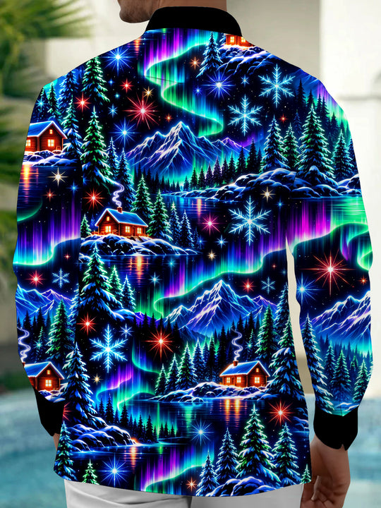 Adaychic Men's Long Sleeve Shirt - Aurora Borealis And Snowy Mountain Landscape Print with Chest Pocket