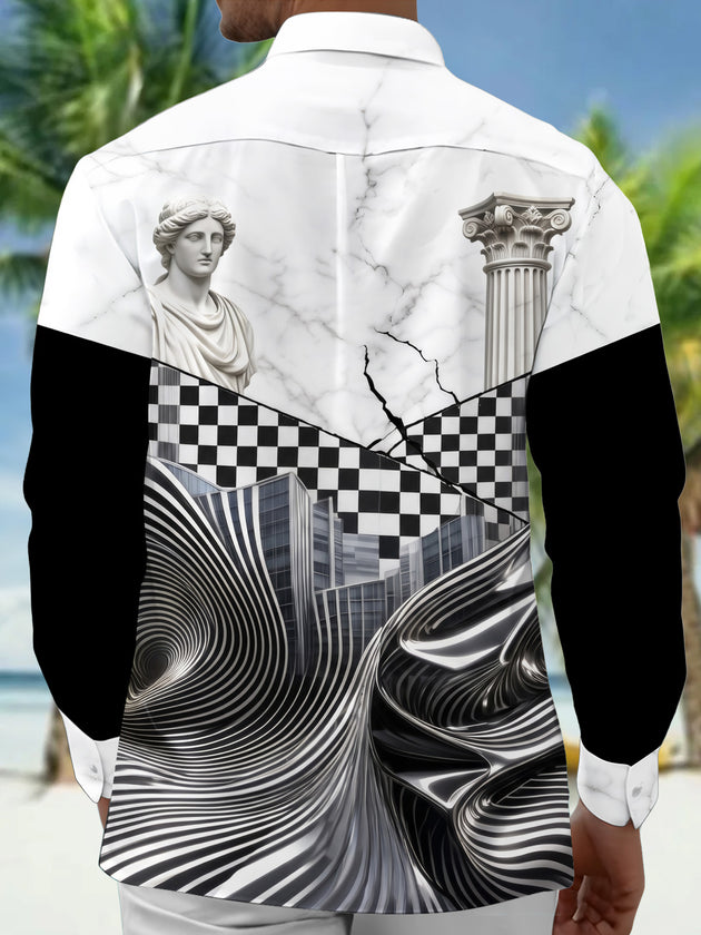 Adaychic Men's Long Sleeve Shirt - Abstract Geometric And Psychedelic Patterns With Classical Statue Print with Chest Pocket