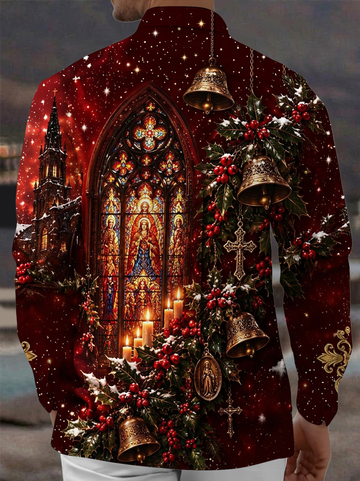 Adaychic Men's Long Sleeve Shirt - Christmas Gothic Stained Glass Window And Religious Figures Print with Chest Pocket