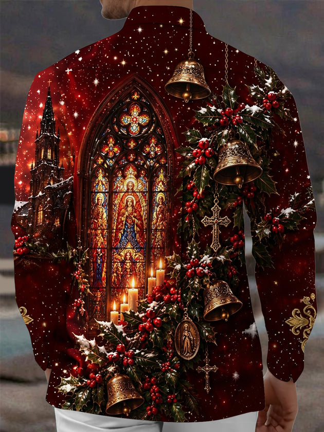 Adaychic Men's Long Sleeve Shirt - Christmas Gothic Stained Glass Window And Religious Figures Print with Chest Pocket