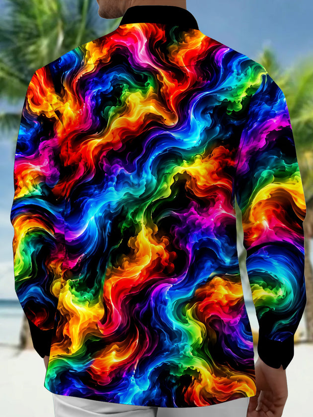 Adaychic Men's Tie Dye Neon Abstract Swirls Print Long Sleeve Shirt with Chest Pocket