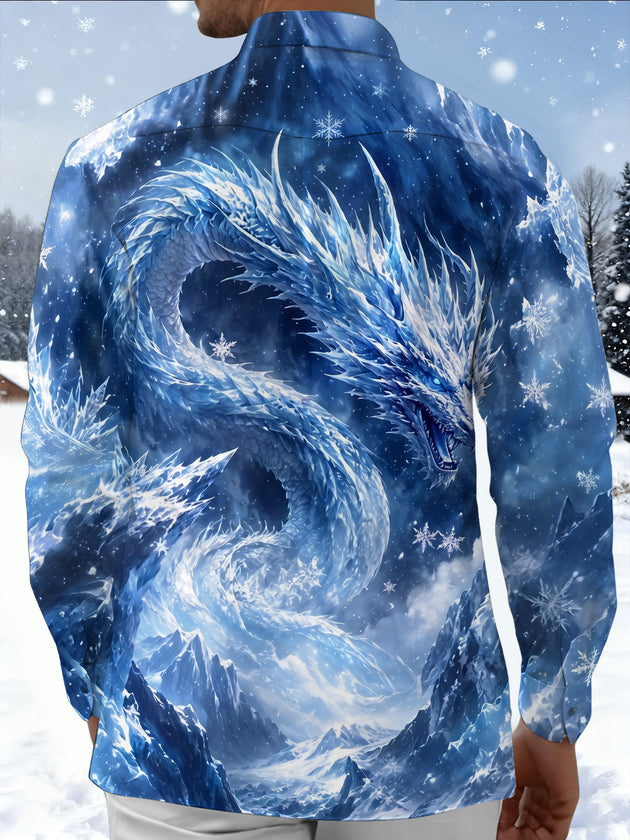 Adaychic Men's Graphic Ice Dragon Print Snowflake Pattern Long Sleeve Shirt with Chest Pocket