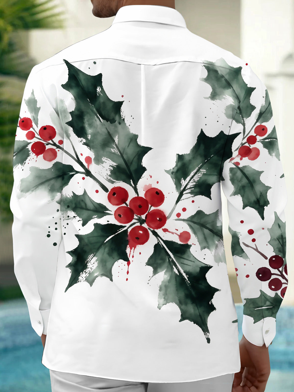 Adaychic Men's Christmas Holly Leaves And Red Berries Print Long Sleeve Shirt with Chest Pocket