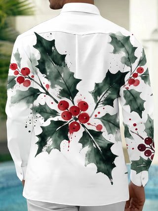 Adaychic Men's Christmas Holly Leaves And Red Berries Print Long Sleeve Shirt with Chest Pocket