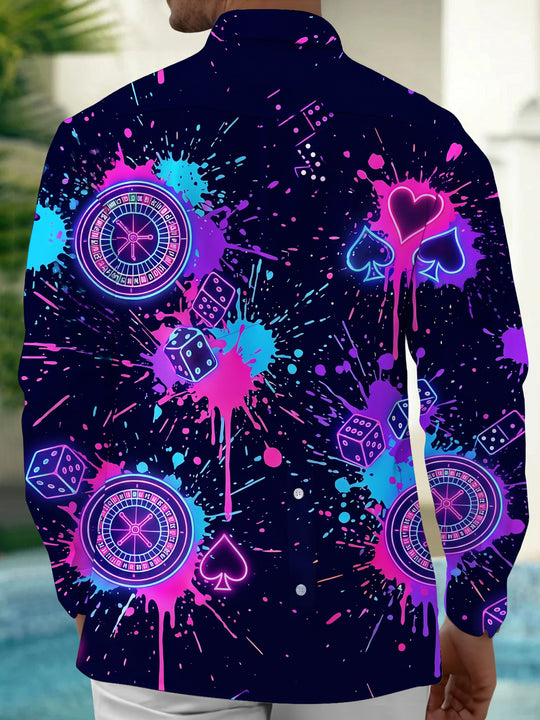 Adaychic Men's Neon Casino Elements With Splash Ink Print Long Sleeve Shirt with Chest Pocket