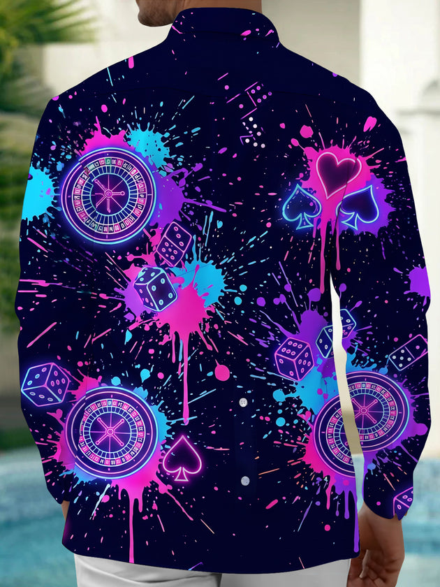 Adaychic Men's Neon Casino Elements With Splash Ink Print Long Sleeve Shirt with Chest Pocket