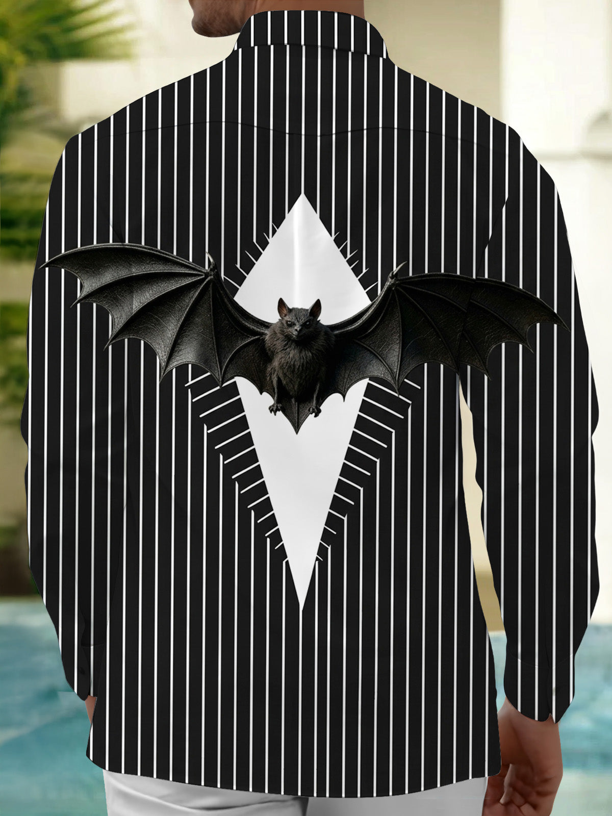 Adaychic Men's Halloween 3D Bat With Spread Wings Print Long Sleeve Shirt with Chest Pocket