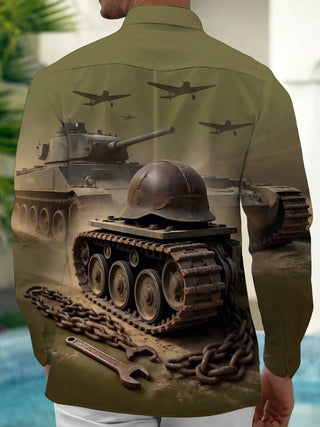 Adaychic Men's Military Tanks And Vintage Aircraft Print Long Sleeve Shirt with Chest Pocket