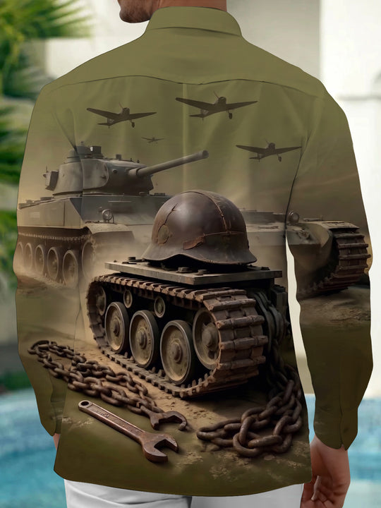 Adaychic Men's Military Tanks And Vintage Aircraft Print Long Sleeve Shirt with Chest Pocket