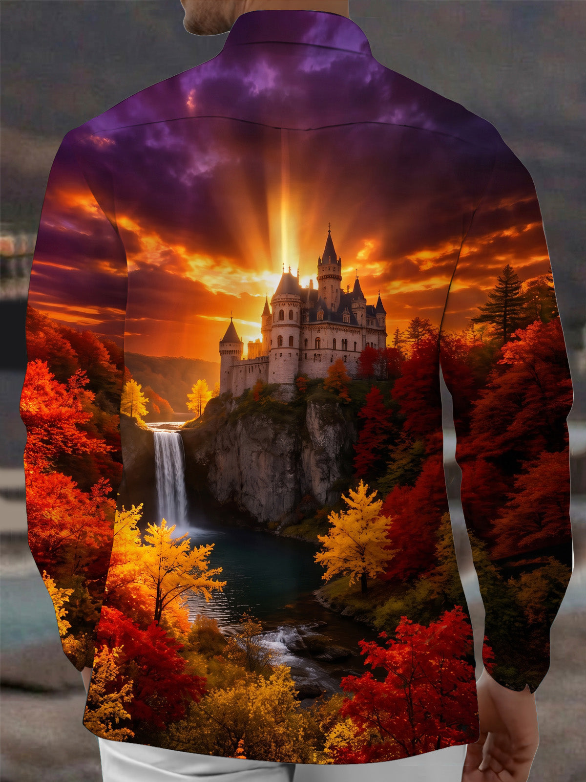 Adaychic Men's Printed Castle And Waterfall Landscape Print Long Sleeve Shirt with Chest Pocket