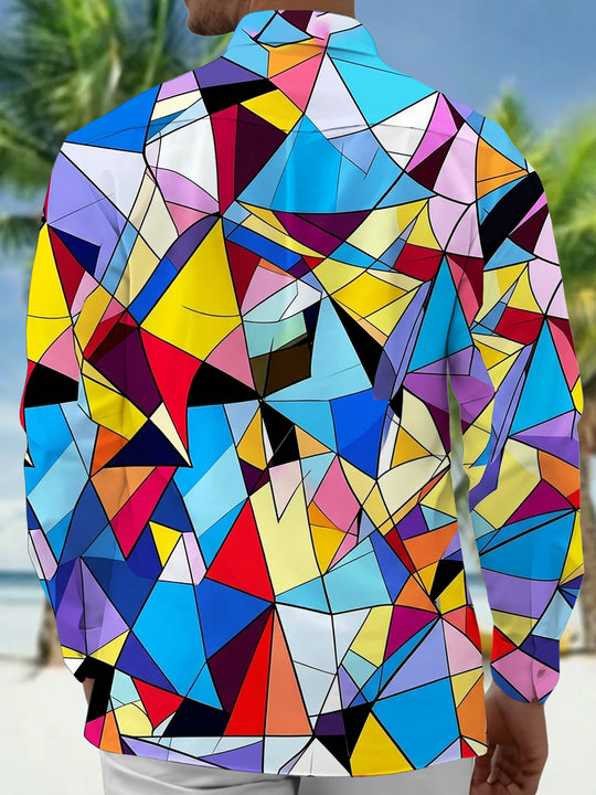 Adaychic Men's Printed Colorful Geometric Shapes Print Long Sleeve Shirt with Chest Pocket