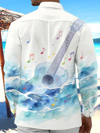 Adaychic Men's Hawaiian Guitar Print Musical Notes Print Long Sleeve Shirt with Chest Pocket