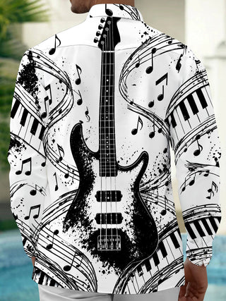 Adaychic Men's Long Sleeve Shirt - Electric Guitar And Piano Keys With Musical Notes Print with Chest Pocket