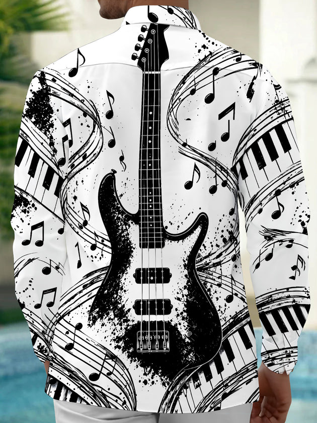 Adaychic Men's Long Sleeve Shirt - Electric Guitar And Piano Keys With Musical Notes Print with Chest Pocket