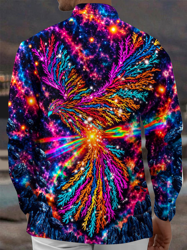 Adaychic Men's Psychedelic Eagle And Galaxy Background Print Long Sleeve Shirt with Chest Pocket