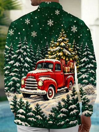 Adaychic Men's Long Sleeve Shirt - Vintage Red Truck With Christmas Tree And Gifts Print with Chest Pocket