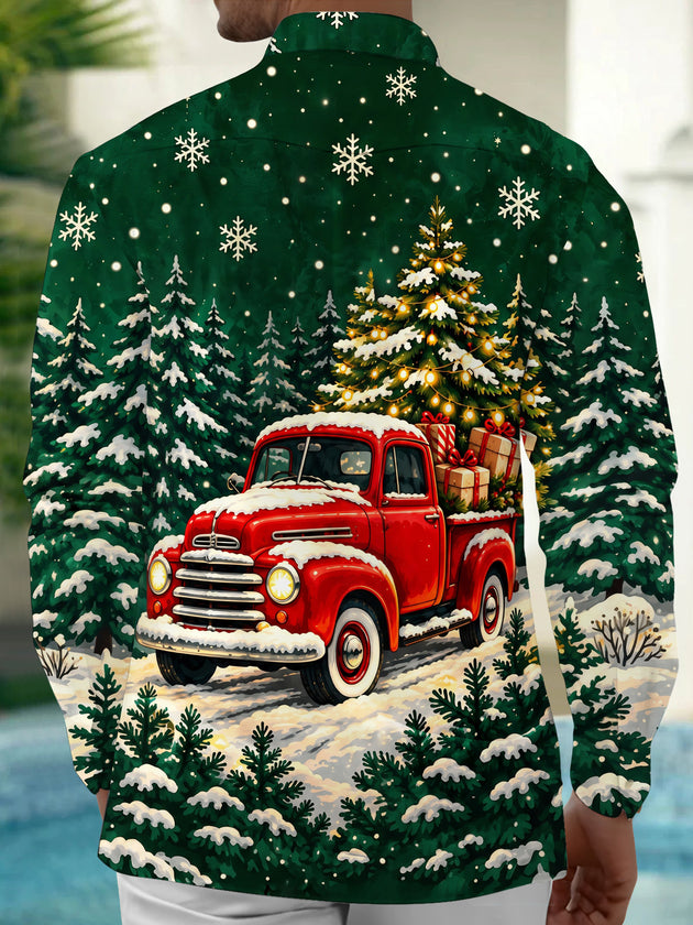 Adaychic Men's Long Sleeve Shirt - Vintage Red Truck With Christmas Tree And Gifts Print with Chest Pocket
