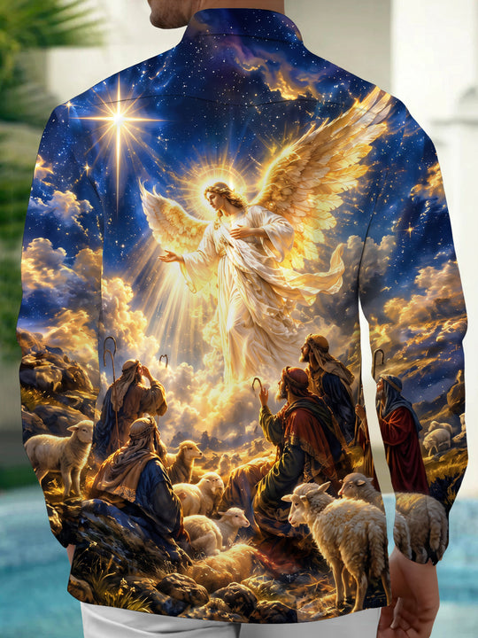 Adaychic Men's Christmas Angel And Shepherds With Sheep Print Long Sleeve Shirt with Chest Pocket