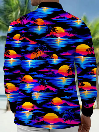 Adaychic Men's Neon Sunset Palm Trees And Ocean Waves Print Long Sleeve Shirt with Chest Pocket