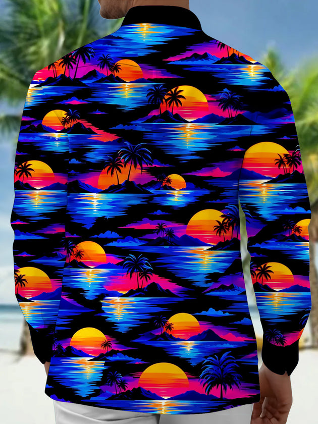 Adaychic Men's Neon Sunset Palm Trees And Ocean Waves Print Long Sleeve Shirt with Chest Pocket